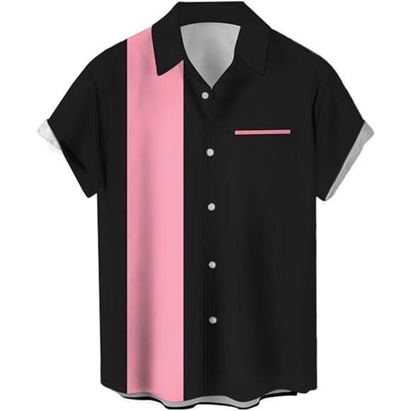 Men's Vintage Bowling Shirts 1950s Casual Short Sleeve Button Up Contrast Shirt - Picture 4 of 4